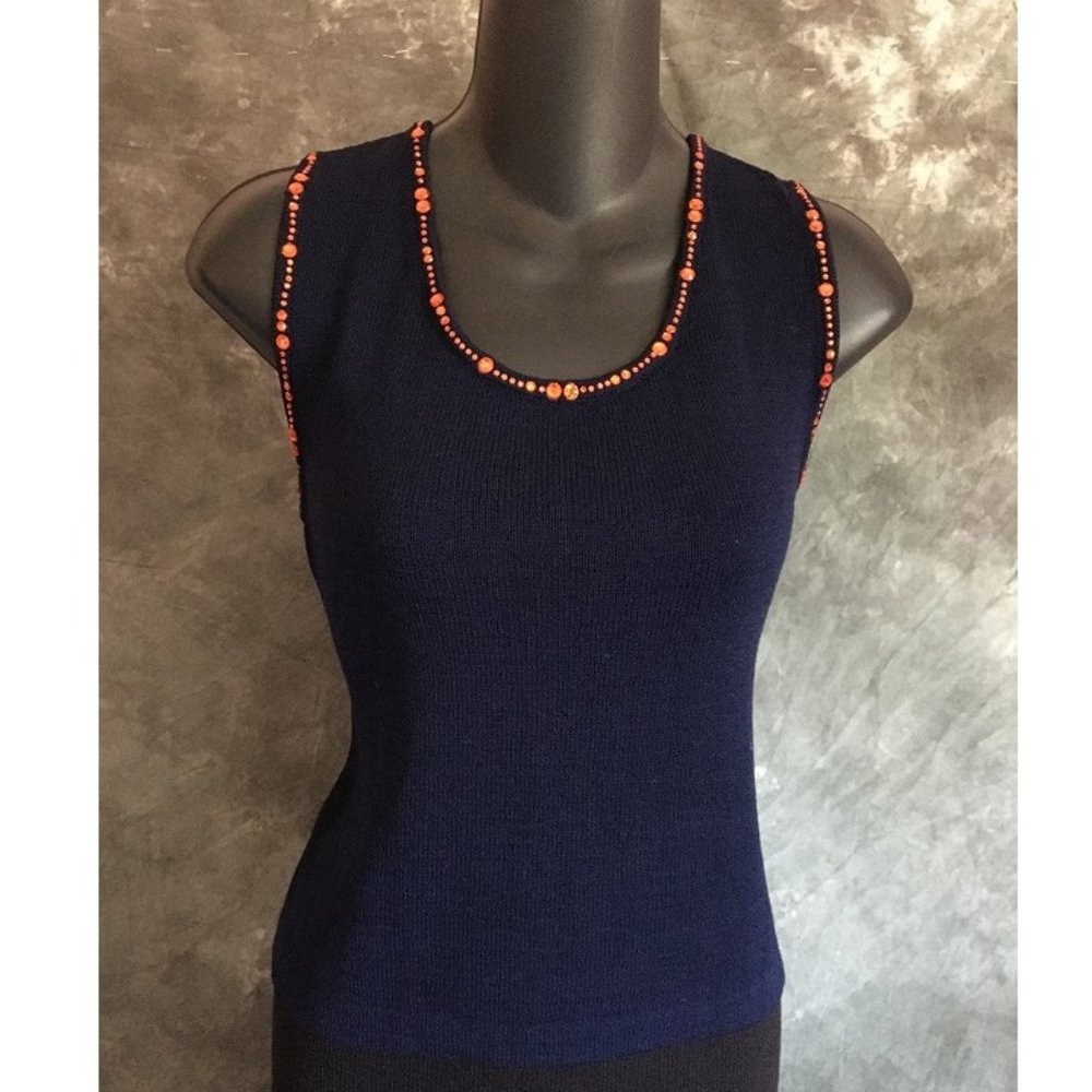 ST JOHN NAVY BLUE KNIT TOP SIZE P 4 6